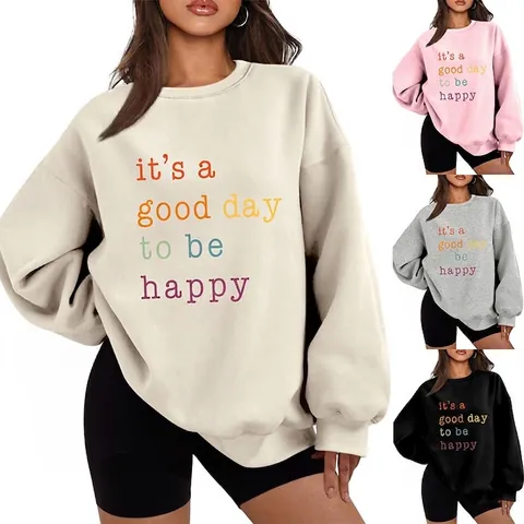 Felpa Donna Pile Girocollo Manica Lunga Vestibilità Comoda Stampata Slogan Casual Autunno Inverno Top