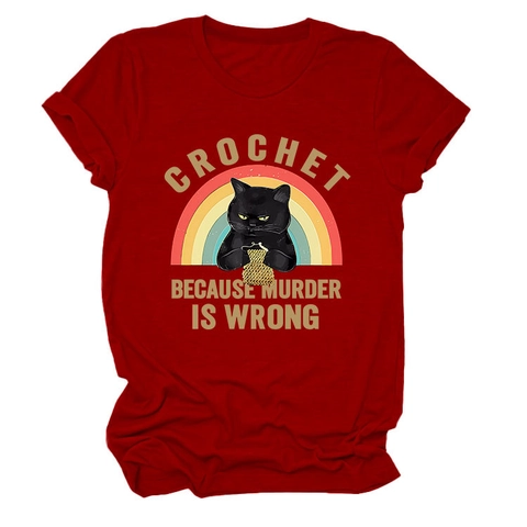 Funny Black Cat Crochet Rainbow Print T-Shirt For Women Casual Cotton Blend Short Sleeve Crew Neck Novelty Graphic Tee