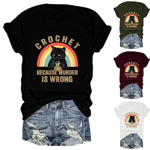 Funny Black Cat Crochet Rainbow Print T-Shirt For Women Casual Cotton Blend Short Sleeve Crew Neck Novelty Graphic Tee