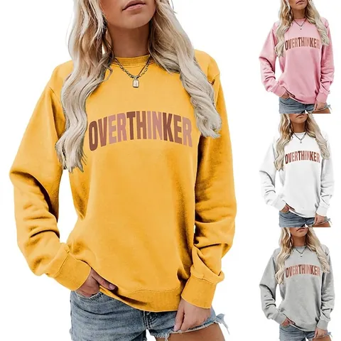 Sweatshirt Femme Imprimé Lettres Overthinker Col Rond Décontracté Manches Longues Mélange de Coton Pull Automne Hiver Mode Top