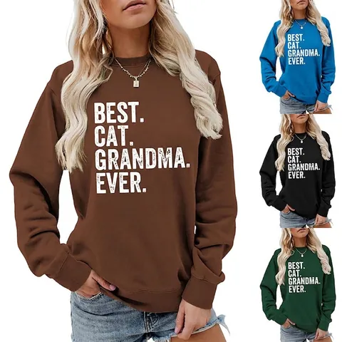 Felpa Da Donna Best Cat Grandma Ever Girocollo Manica Lunga Misto Cotone Pullover Casual Vintage Top