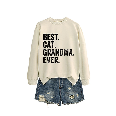 Felpa Da Donna Best Cat Grandma Ever Girocollo Manica Lunga Misto Cotone Pullover Casual Vintage Top