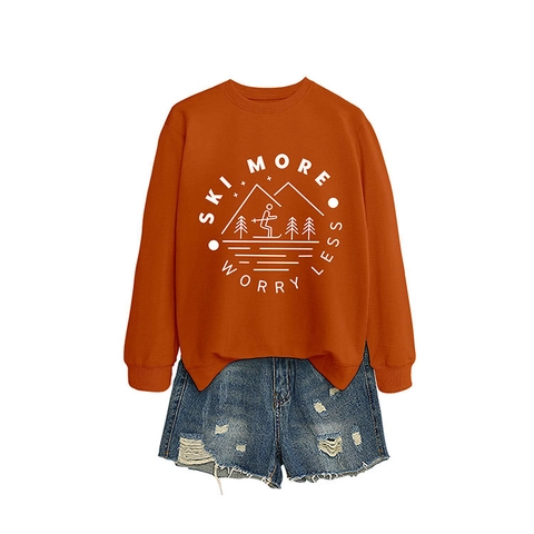 Women Sweatshirt Cotton Blend Round Neck Long Sleeve Oversized Casual Ski More Worry Less Print Mountain Graphic Sporty