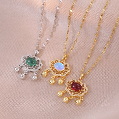 Vintage Stainless Steel Ruyi Lock Necklace For Women Plated Zirconia Faux Moonstone Elegant Clavicle Chain Jewelry Gift