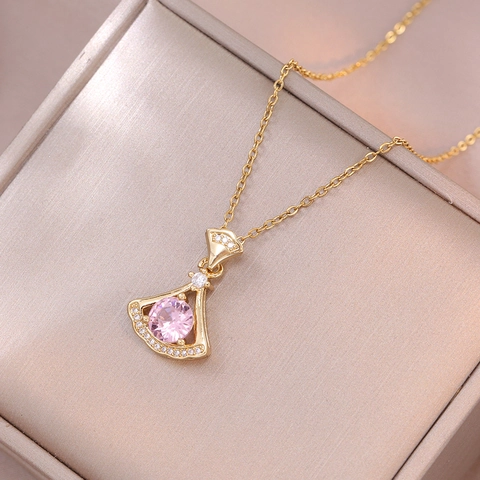 Fashion Fan Shaped Jewelry Necklace And Stud Earrings Gold Plated Titanium Steel With Pink Zircon Rhinestone For Women