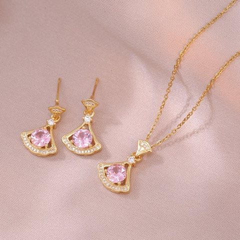 Fashion Fan Shaped Jewelry Necklace And Stud Earrings Gold Plated Titanium Steel With Pink Zircon Rhinestone For Women