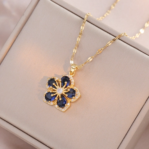 Blue Zircon Flower Pendant Necklace Stainless Steel Gold Plated Elegant Jewelry For Women