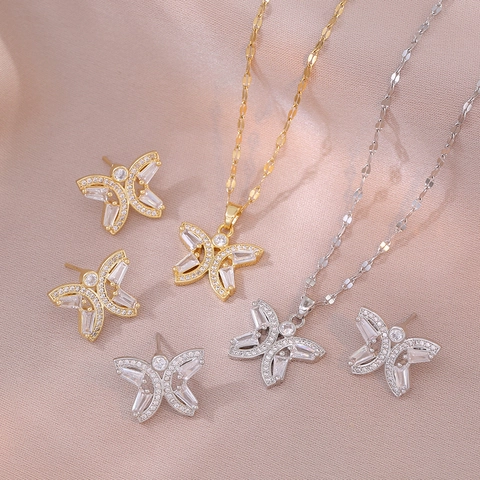 Butterfly Pendant Necklace Earrings Silver Earring Post Titanium Steel Micro Paved Zirconia Fashion Jewelry For Women