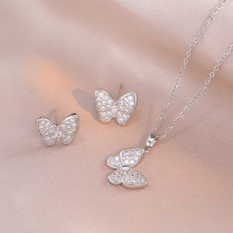 Collana Pendente Farfalla E Orecchini Acciaio Inossidabile Con Perno Argento Zircone Gioielli Di Moda Eleganti Per Donne