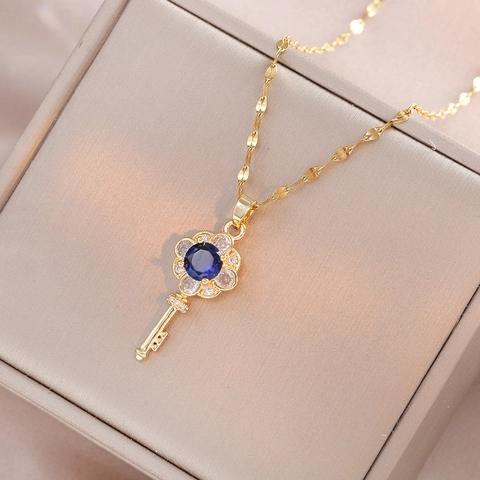 Collana Con Ciondolo A Chiave Vintage Acciaio Inossidabile Fiore Zircone Gioielli Di Lusso Per Donne Regalo Elegante