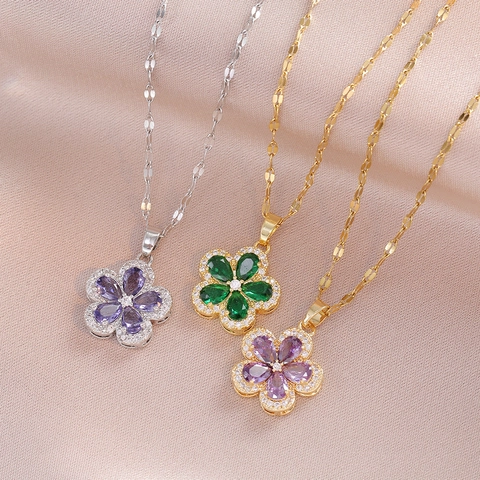 Elegant Zircon Flower Pendant Necklace Stainless Steel Sweet Forest Style Clavicle Chain For Women Jewelry Gift