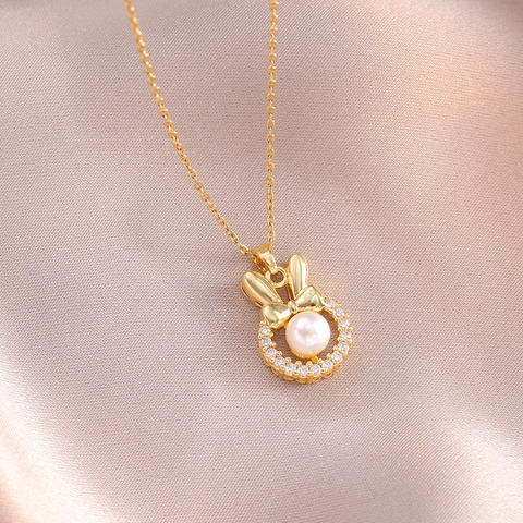 Cute Rabbit Ear Pendant Necklace With Artificial Pearl And Cubic Zirconia Stainless Steel Bowknot Sweet Fashion Jewelry For Women