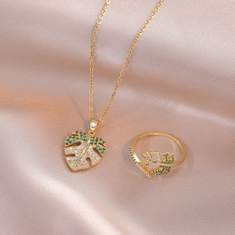 Collier Et Bague Feuille De Monstera Acier Inoxydable Plaque Or Zircon Vert Blanc Style Tropical Elegant Femme