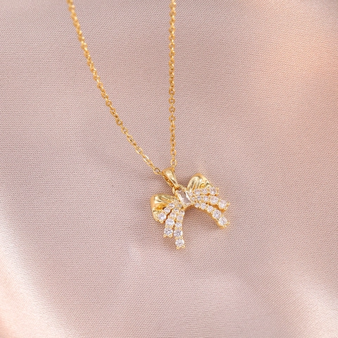 Collar Con Colgante De Lazo De Mariposa Acero Inoxidable Circón Diamantes De Imitación Joyería Elegante Para Mujer