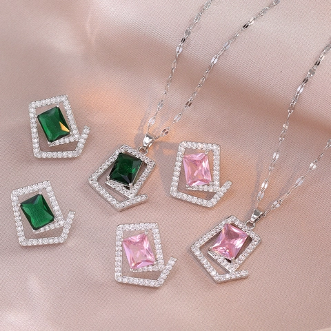 Square Frame Halskette Ohrringe Titanstahl Kupfer Zirkonia Smaragdgrün 925 Sterling Silber Ohrring Post Damen