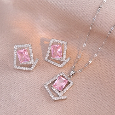 Square Frame Halskette Ohrringe Titanstahl Kupfer Zirkonia Smaragdgrün 925 Sterling Silber Ohrring Post Damen