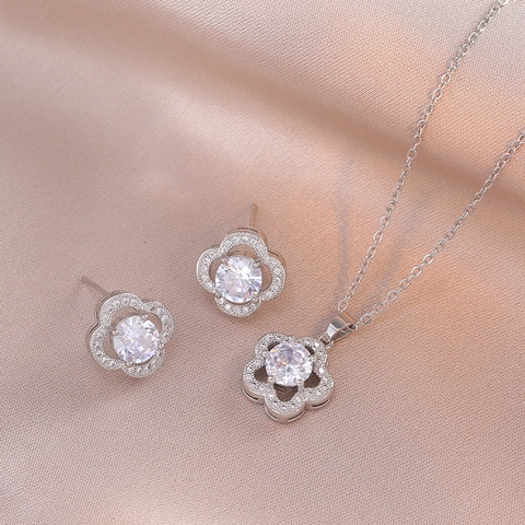Collana Trifoglio Fiore Orecchini Gioielli Donne Zircone Lucido Strass Acciaio Inossidabile Lucidato Accessorio Elegante Regalo