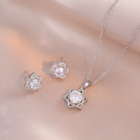 Elegant Flower Hexagonal Star Necklace And Earrings Titanium Steel Zircon Inlaid Jewelry Accessory For Women