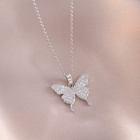 Butterfly Pendant Necklace Titanium Steel Cubic Zirconia Pavé Clavicle Chain Sweet Fashion Jewelry For Women