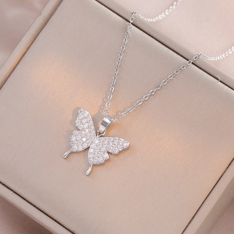 Butterfly Pendant Necklace Titanium Steel Cubic Zirconia Pavé Clavicle Chain Sweet Fashion Jewelry For Women