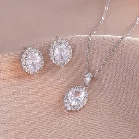 Pendant Necklace And Stud Earrings Titanium Steel Shiny Zircon Oval Halo Flower Elegant Fashion Jewelry For Women Gift