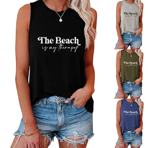 Canotta Donna Senza Maniche Girocollo Misto Cotone Stampa Slogan Spiaggia Casual Gilet Muscolare Largo