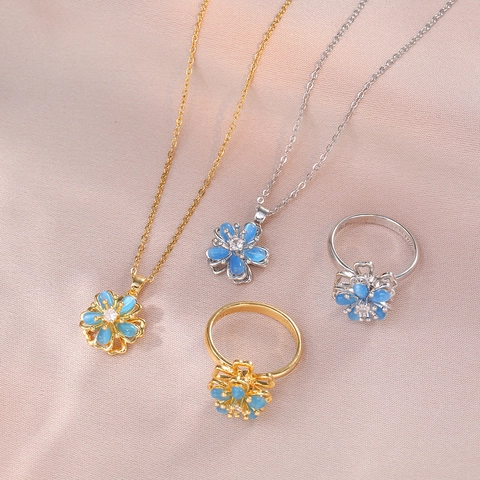 Collana Anello Pendente Fiore Rotante Pietra Occhio Di Gatto Blu Zircone Acciaio Al Titanio Gioielli Moda Coreana Donne