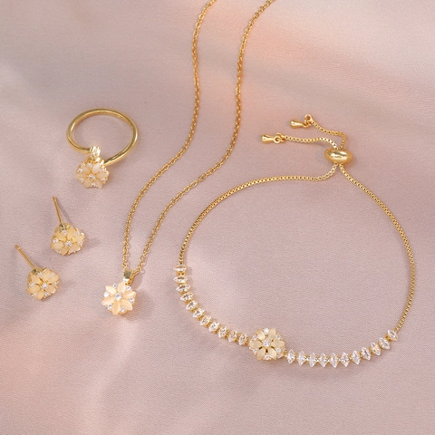 Rotating Flower Necklace Earrings Bracelet Ring Titanium Steel Cat Eye Stone Zircon Daisy Elegant Jewelry For Women