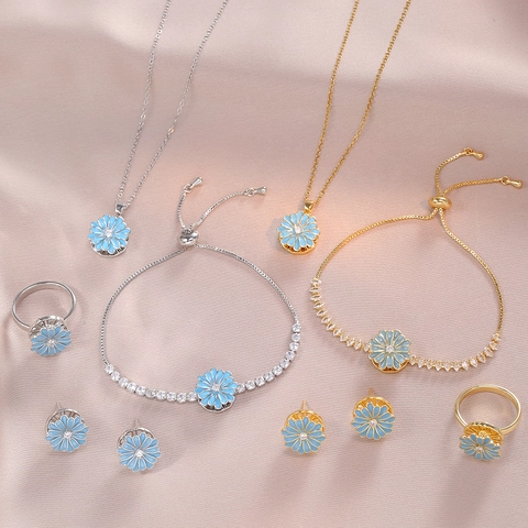 Gänseblümchen Schmuck Edelstahl Blau Emaille Zirkon Halskette Ohrringe Armband Ring Elegant Damen Trendiges Accessoire