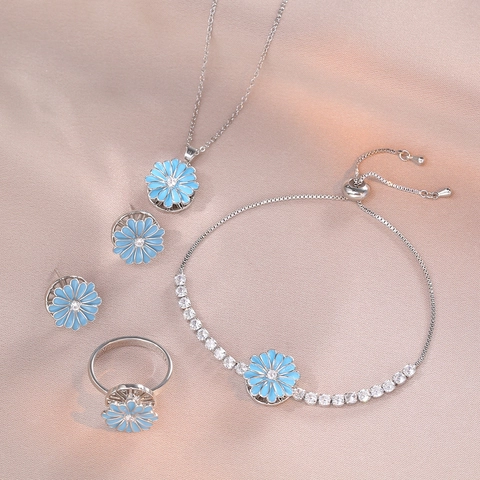 Gänseblümchen Schmuck Edelstahl Blau Emaille Zirkon Halskette Ohrringe Armband Ring Elegant Damen Trendiges Accessoire