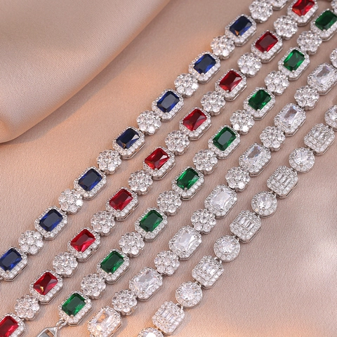 Elegant Copper Micro Inlaid Zircon Bracelet For Women Colorful Emerald Green Blue Red Cubic Zirconia Geometric Flower Luxury Jewelry Gift