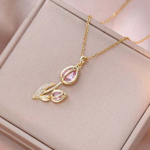 Tulip Pendant Necklace Stainless Steel Zircon Flower Elegant Jewelry For Women Floral Design Light Luxury Trendy Accessory