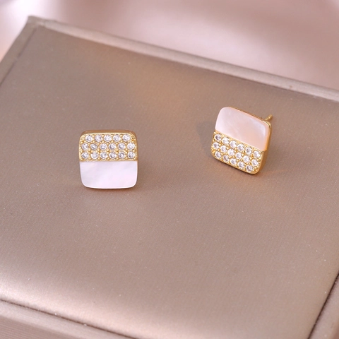 Geometric Square Stud Earrings Mother Of Artificial Pearl Zircon Copper With 925 Sterling Silver Earring Post Elegant For Women