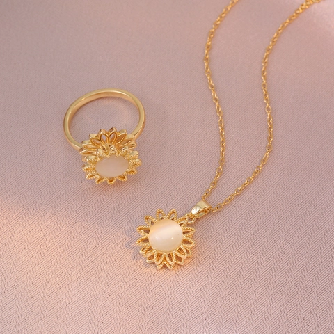 Sonnenblumen Anhänger Halskette Titanstahl Katzenauge Stein Hohl Blume Mode Schmuck Für Damen