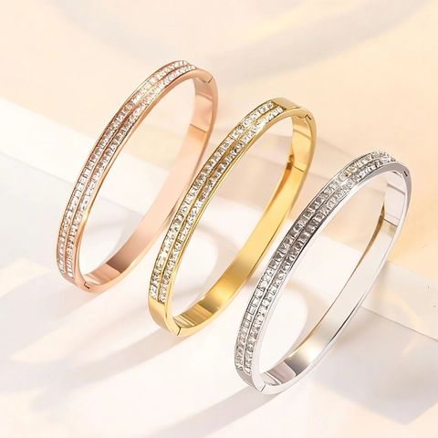 Brazalete De Acero Titanio Chapado En Oro Varias Filas Zirconia Cúbica Cuerda Retorcida Joyería Moda Mujer