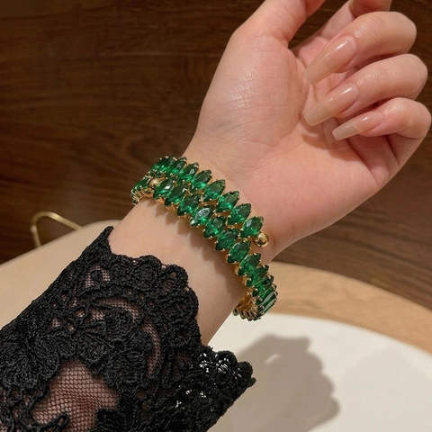Edelstahl Vergoldeter Offener Armreif Mit Zweireihigen Marquise Grünen Zirkonia Steinen Für Damen Elegant Mode