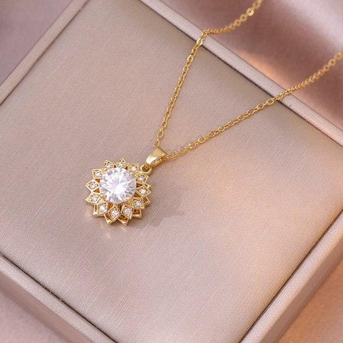 Collar Con Colgante De Girasol Giratorio Para Mujer Acero De Titanio Cobre Circón Incrustado Moda Joyería De Lujo Ligera