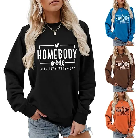 Damen Casual Rundhals Sweatshirt Baumwollmischung Langarm Lockerer Schnitt Homebody Slogan Druck Pullover Herbst Winter