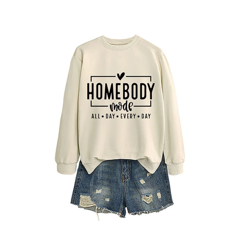 Damen Casual Rundhals Sweatshirt Baumwollmischung Langarm Lockerer Schnitt Homebody Slogan Druck Pullover Herbst Winter