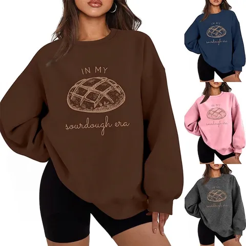 Dames Sourdough Era Letter Brood Print Sweatshirt Fleece Gevoerd Ronde Hals Lange Mouw Pullover Losse Pasvorm Casual Top