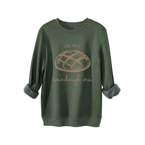 Dames Sourdough Era Letter Brood Print Sweatshirt Fleece Gevoerd Ronde Hals Lange Mouw Pullover Losse Pasvorm Casual Top