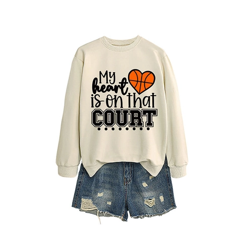 Women Casual Cotton Blend Sweatshirt And Denim Shorts Set Basketball Heart Graphic Printed Long Sleeve Round Neck Pullover Ripped Jean Shorts Two Piece Outfit