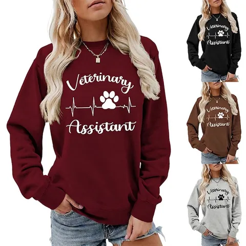 Sweatshirt Femmes Veterinary Assistant Décontracté Col Rond Pull Manches Longues Mélange Coton Graphique Patte Coeur