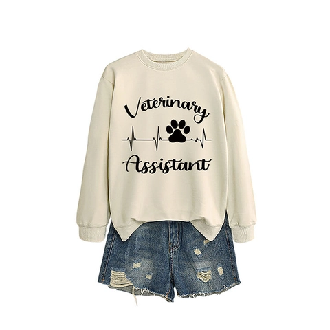 Sweatshirt Femmes Veterinary Assistant Décontracté Col Rond Pull Manches Longues Mélange Coton Graphique Patte Coeur