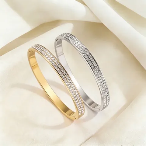 Bracciale Rigido Elegante Da Donna In Acciaio Inossidabile Lucidato Con File Di Strass Intarsiati