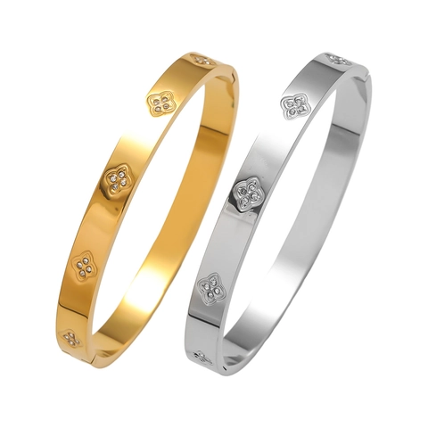 Fashion Stainless Steel Rhinestone Clover Bangle For Women Electroplated Crystal Floral Hinge Cuff Bracelet Delicate Jewelry Gift