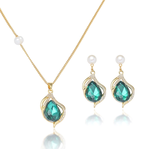 Vintage Titanium Steel Emerald Green Waterdrop Rhinestone Necklace Earrings Ring Artificial Pearl Jewelry For Women Party Accessories