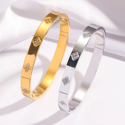 Fashion Stainless Steel Rhinestone Clover Bangle For Women Electroplated Crystal Floral Hinge Cuff Bracelet Delicate Jewelry Gift