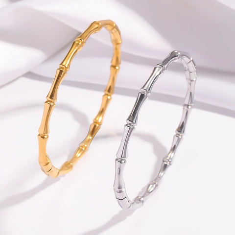 Minimalist Gold Plated Stainless Steel Bamboo Joint Cuff Bangle Bracelet For Women Ins Niche Design High Polish Metal Bangle Gift