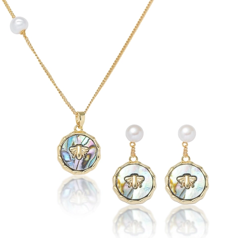 Bee Jewelry Set With Freshwater Pearl And Abalone Shell Titanium Steel Necklace Earrings Open Ring For Women Elegant Retro